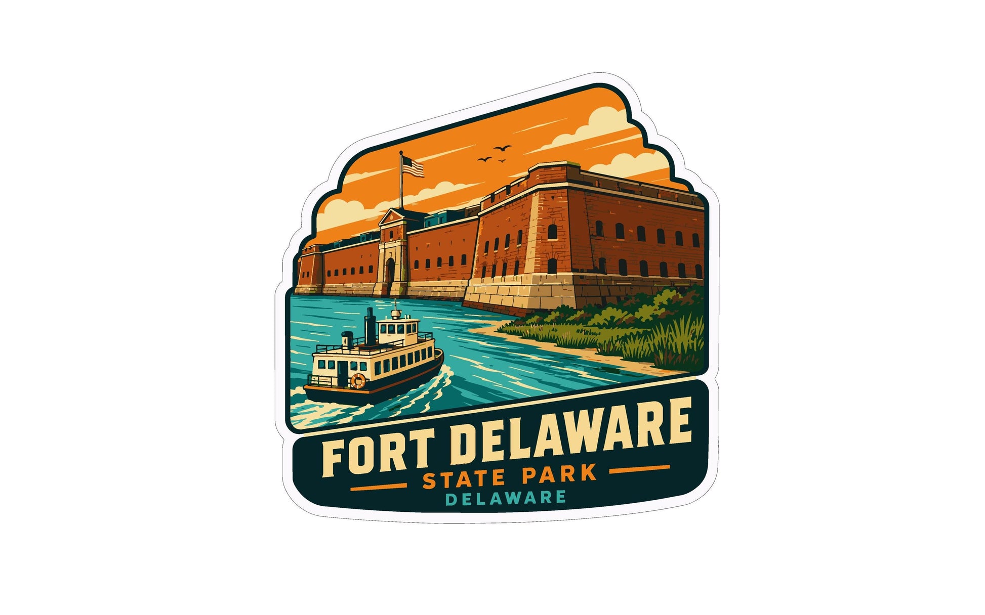 A sticker depicting Fort Delaware State Park in Delaware, featuring a large brick fort with a moat and a boat on the water.