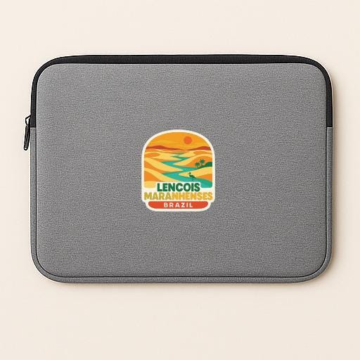 A gray laptop sleeve with a sticker on it, featuring a colorful graphic design.