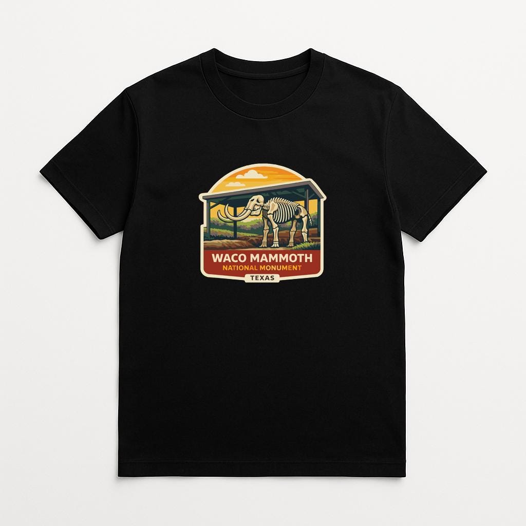 A black t-shirt with a graphic design depicting a skeleton of an elephant and the text "Waco Mammoth National Park, Texas" printed on it.
