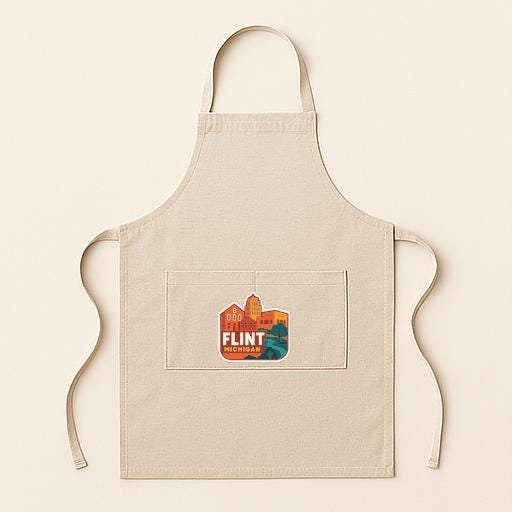 A beige apricot with a graphic design on the front pocket, featuring the text "FLINT" and an illustration of a city skyline.