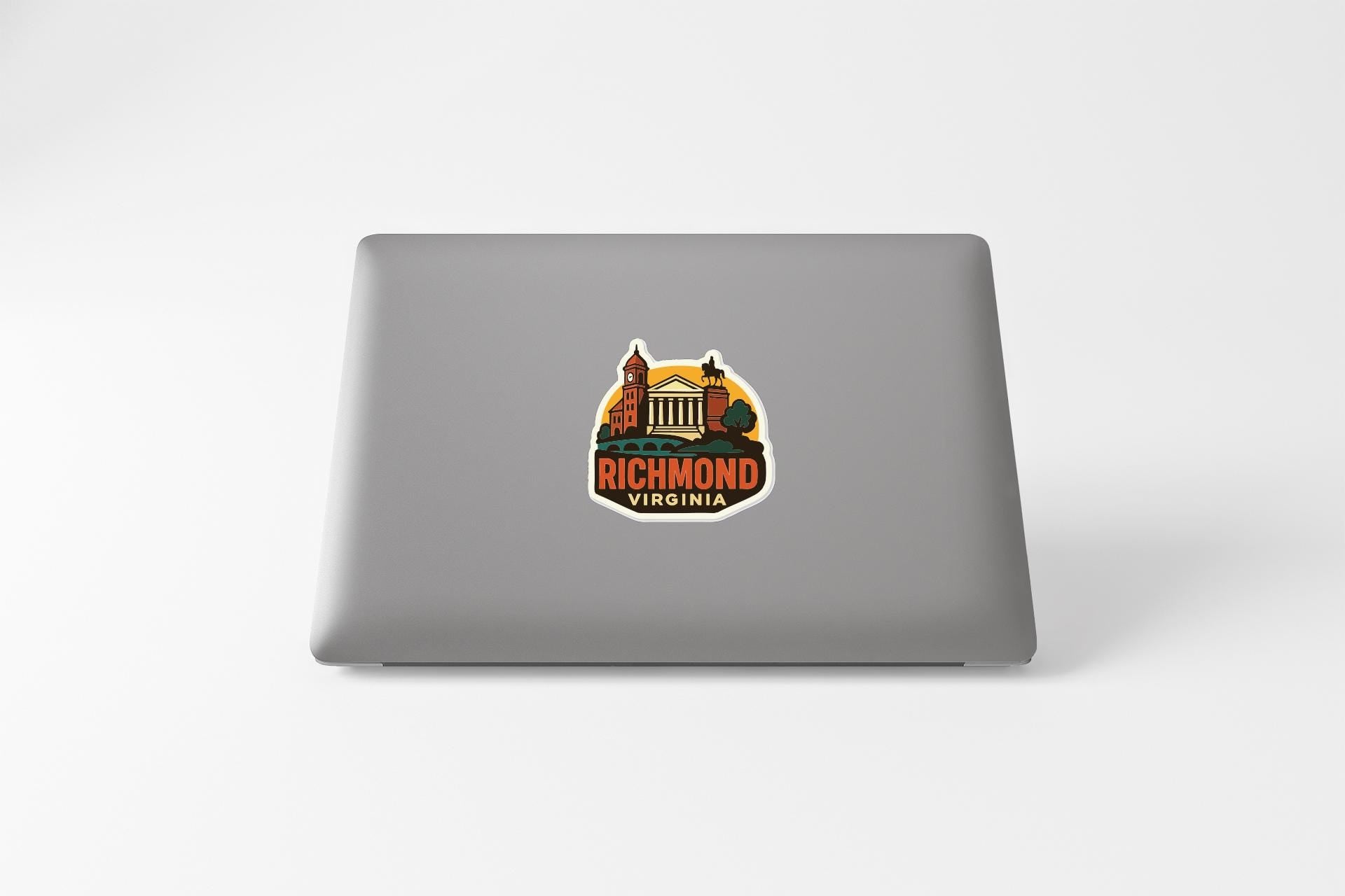 a sticker of Richmond, Virginia, on the back of a laptop computer.