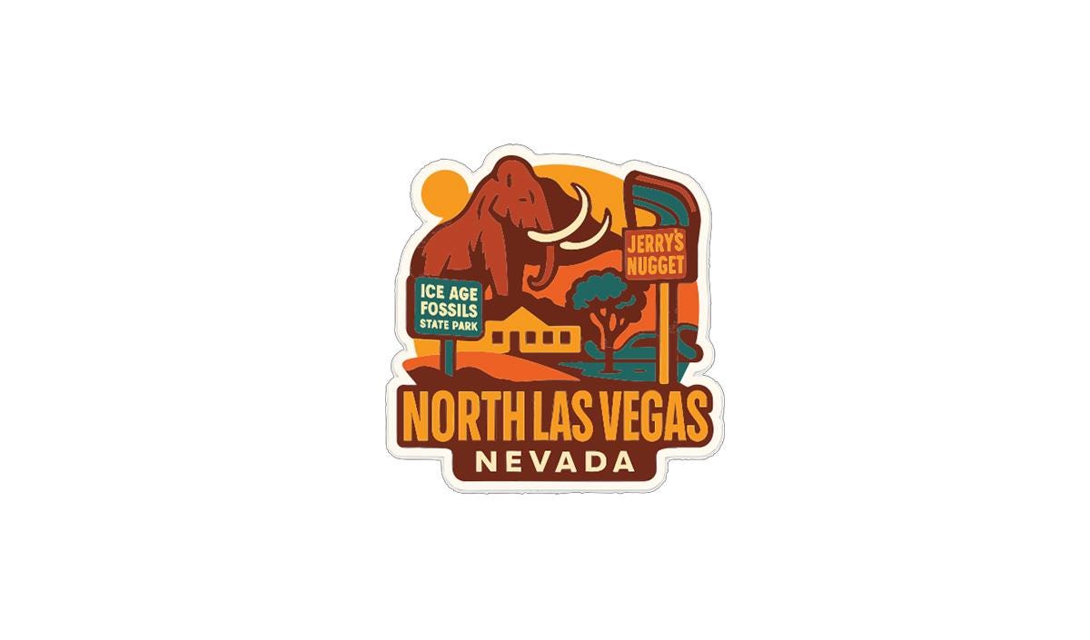 A sticker depicting a large elephant, a sign for Jerry's Nugget, and a sign for Ice Age Fossils State Park in Las Vegas, Nevada.