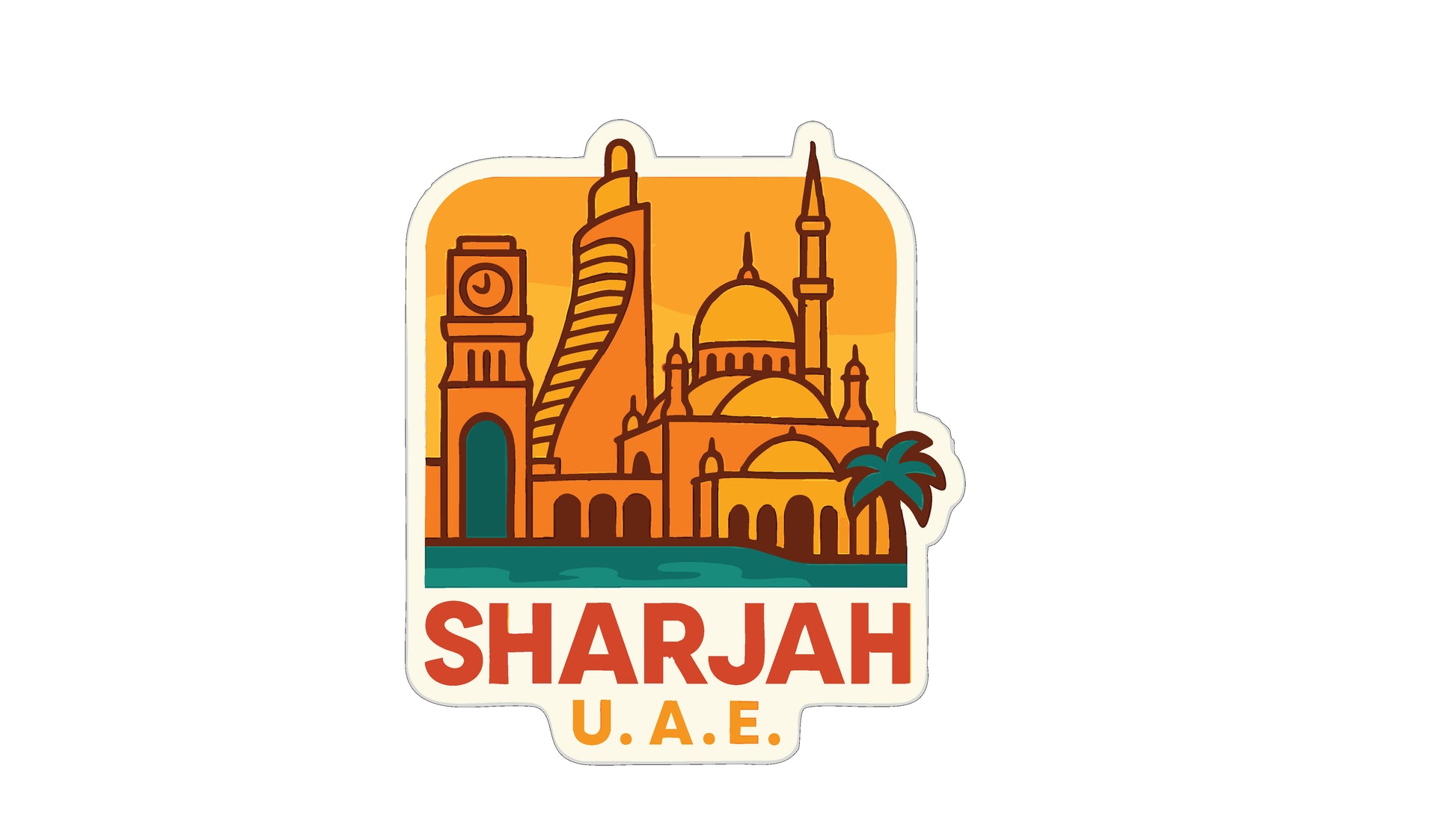 a sticker or emblem with the text "SHARjah U.A.E." and an illustration of a city skyline, including a clock tower and a mosque.