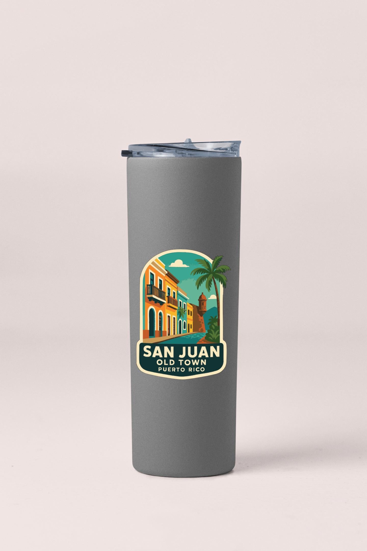 A gray insulated tumbler with a printed label that says "SANJUAN OLD TOWN PUERTO RICO".