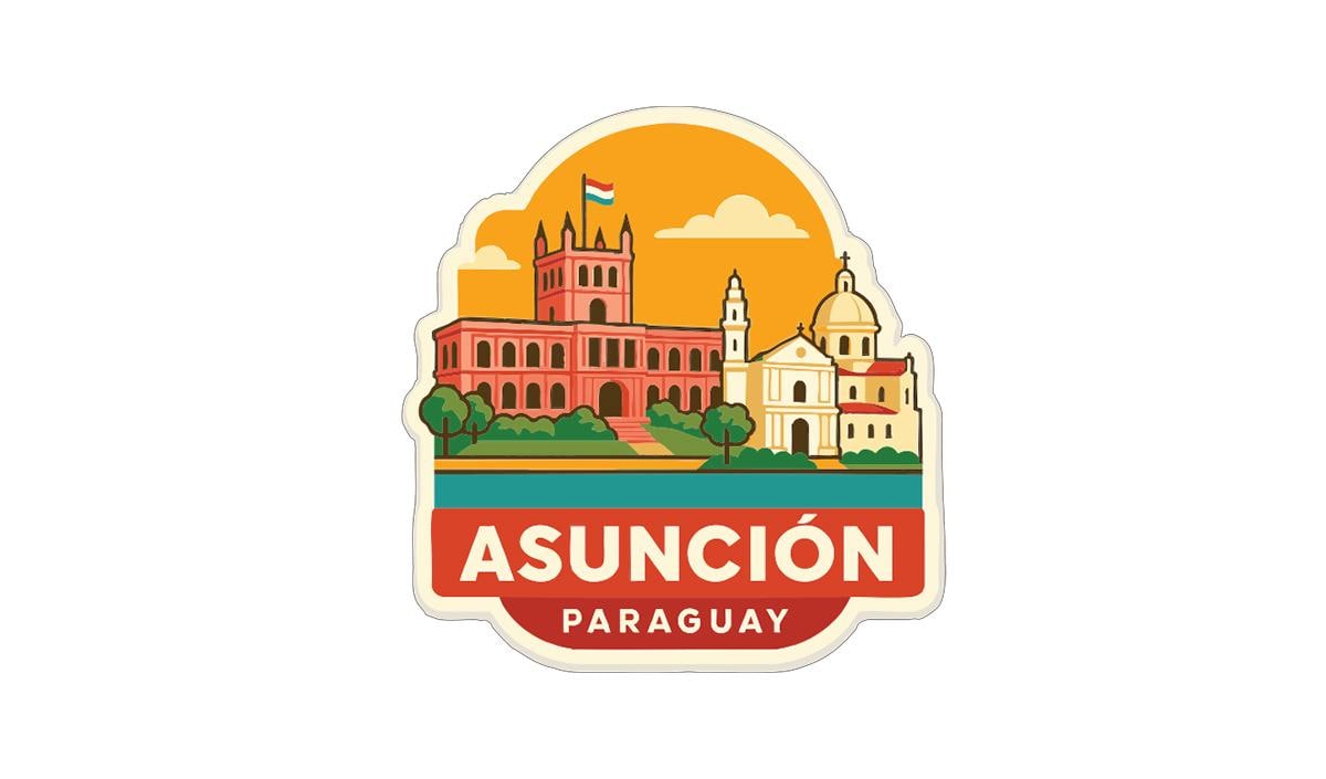 a colorful illustration of the city of Asuncion, Paraguay, with various landmarks and buildings depicted.