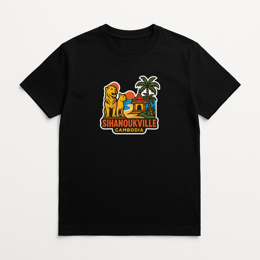 A black t-shirt with a colorful graphic depicting a tiger, palm tree, and a building, along with the text "Sihanoukville Cambodia".