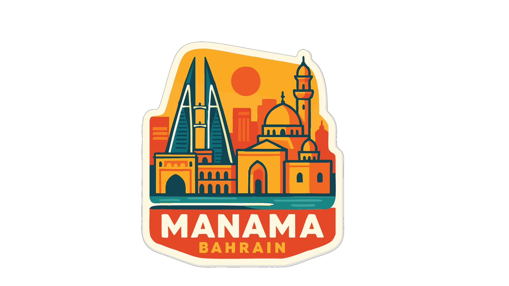 a sticker or emblem with the text "MANAMA BAHRAIN" prominently displayed. The sticker showcases a stylized illustration of the cityscape of Bahrain, including various architectural elements such as domes, towers, and arches.