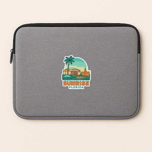 A gray laptop sleeve with a graphic of a palm tree and a building, along with the text "SUNRISE FLORIDA" printed on it.