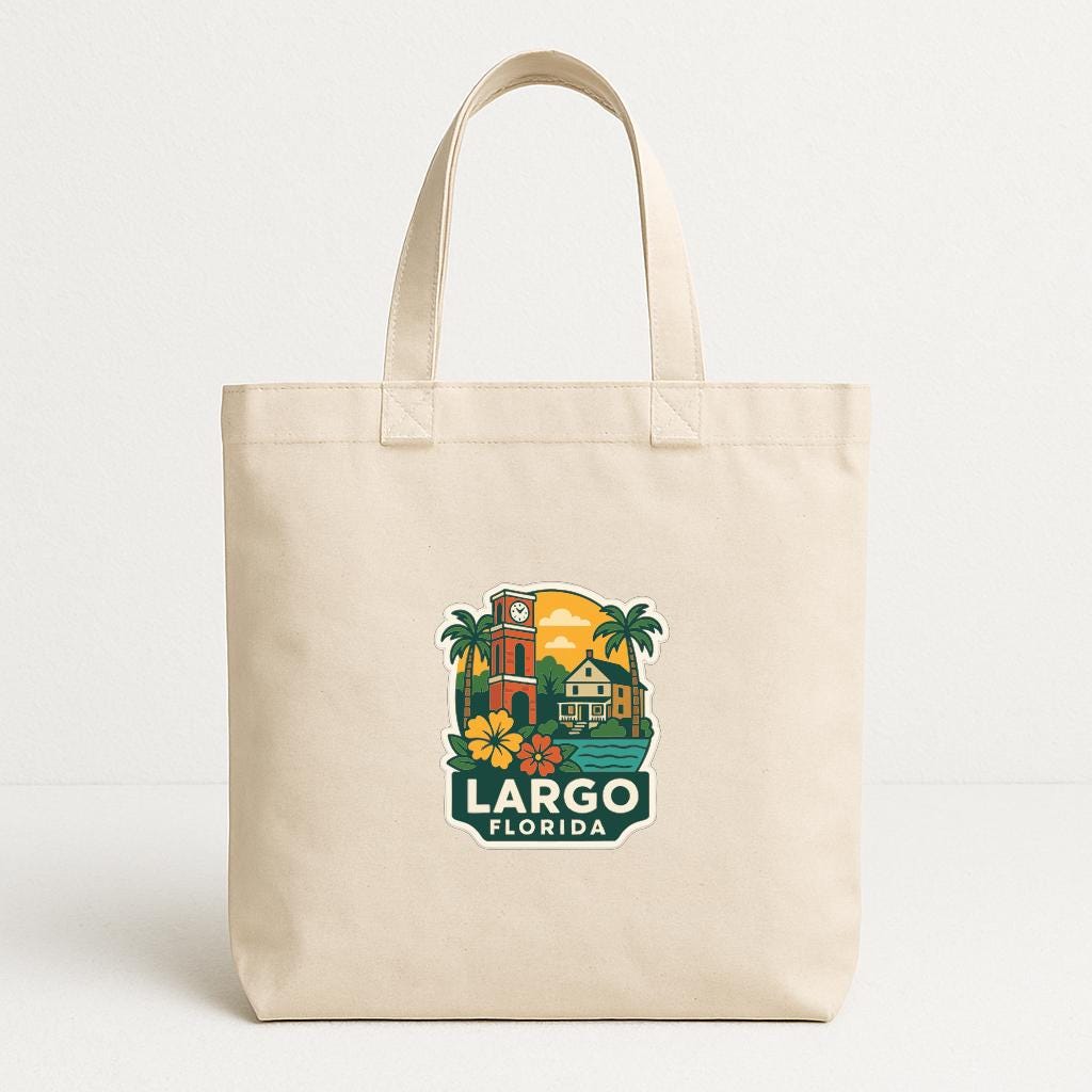 A beige tote bag with a printed design depicting a tropical scene with palm trees, a clock tower, and a house, along with the text "LARGO FLORIDA".