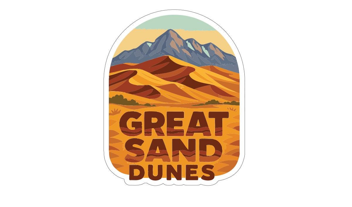 A sticker or label with a mountain landscape and sand dunes, along with the text "GREAT SAND DUNES" prominently displayed.