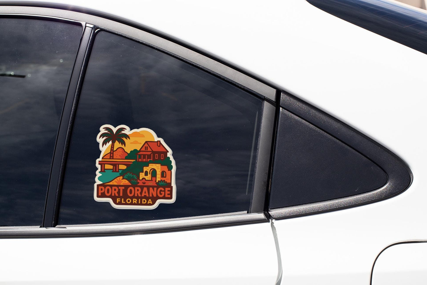 A sticker on the side of a car window that says "PORT ORANGE FLORIDA".
