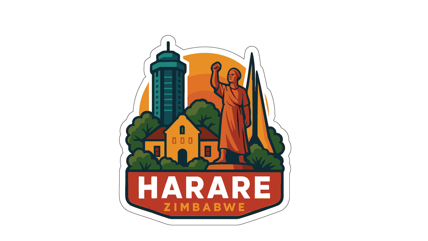a stylized illustration of Zimbabwe, with a prominent statue in the foreground and various landmarks in the background.