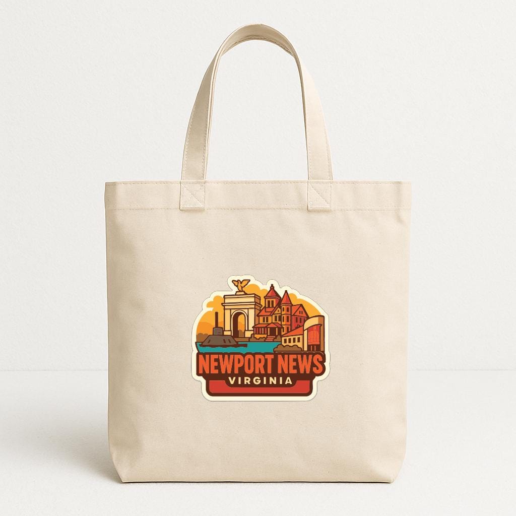 A beige tote bag with a printed design featuring a city skyline and the text "Newport News Virginia".