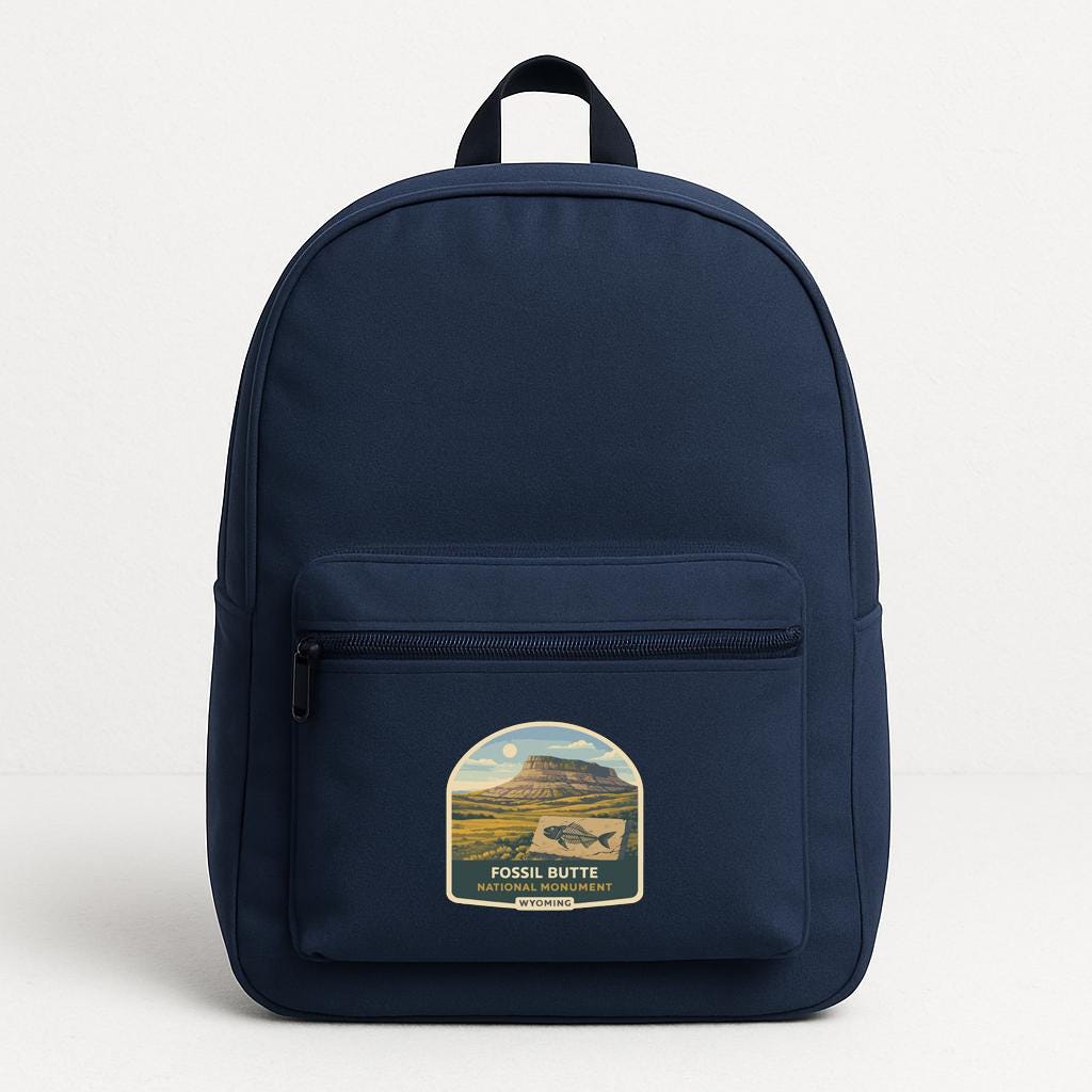 A navy blue backpack with a label that says "FOSSIL BUTTE" and "WYOMING" printed on it.