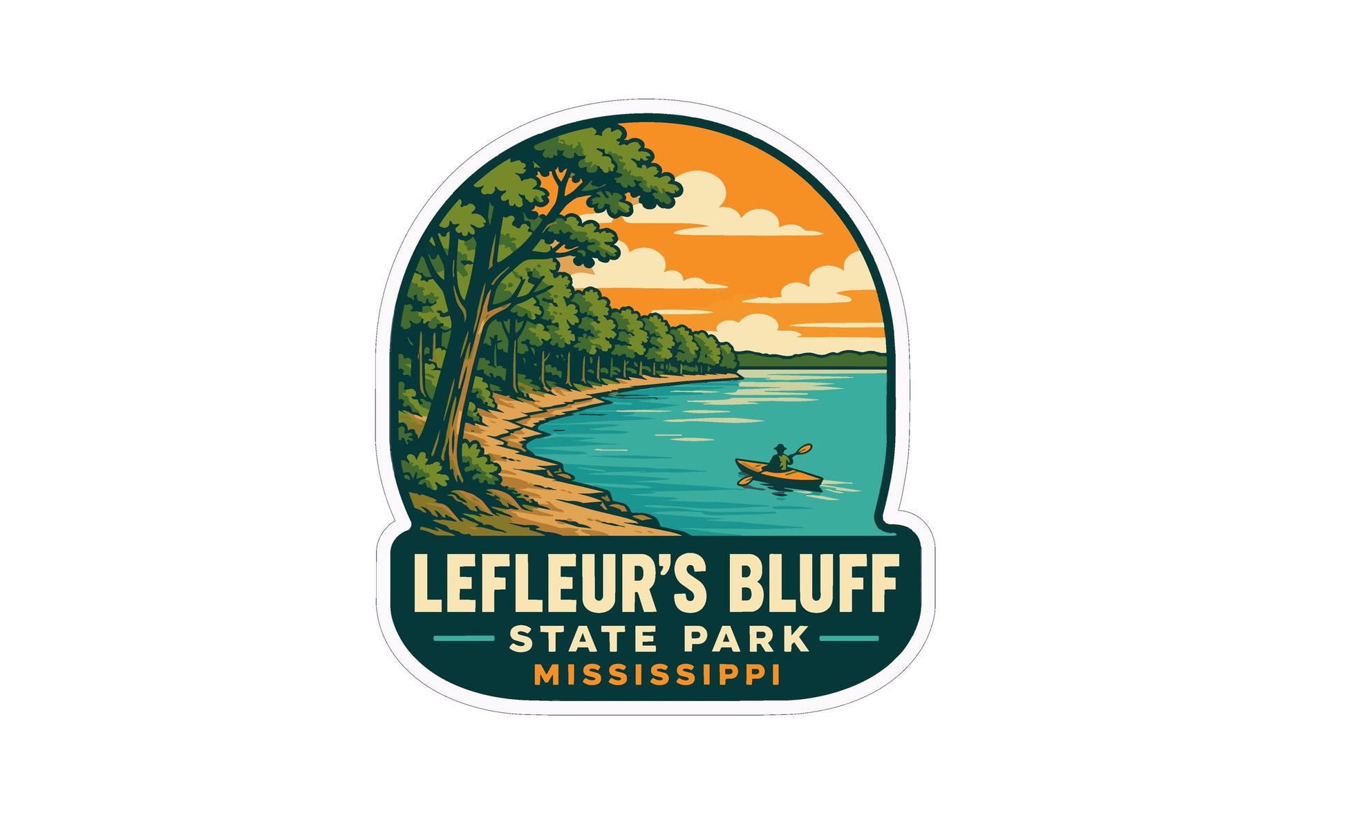 A sticker depicting a scenic landscape with a lake, trees, and a person kayaking, with the text "LÉFLEUR'S BLUFF STATE PARK MISSISSIPPI" prominently displayed.