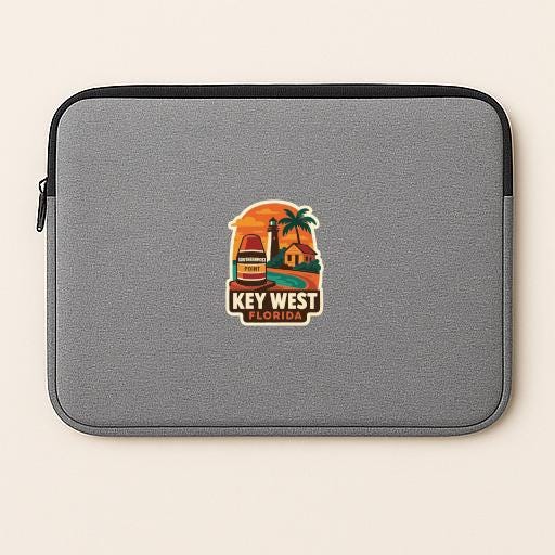A gray laptop sleeve with a key west Florida logo printed on it.