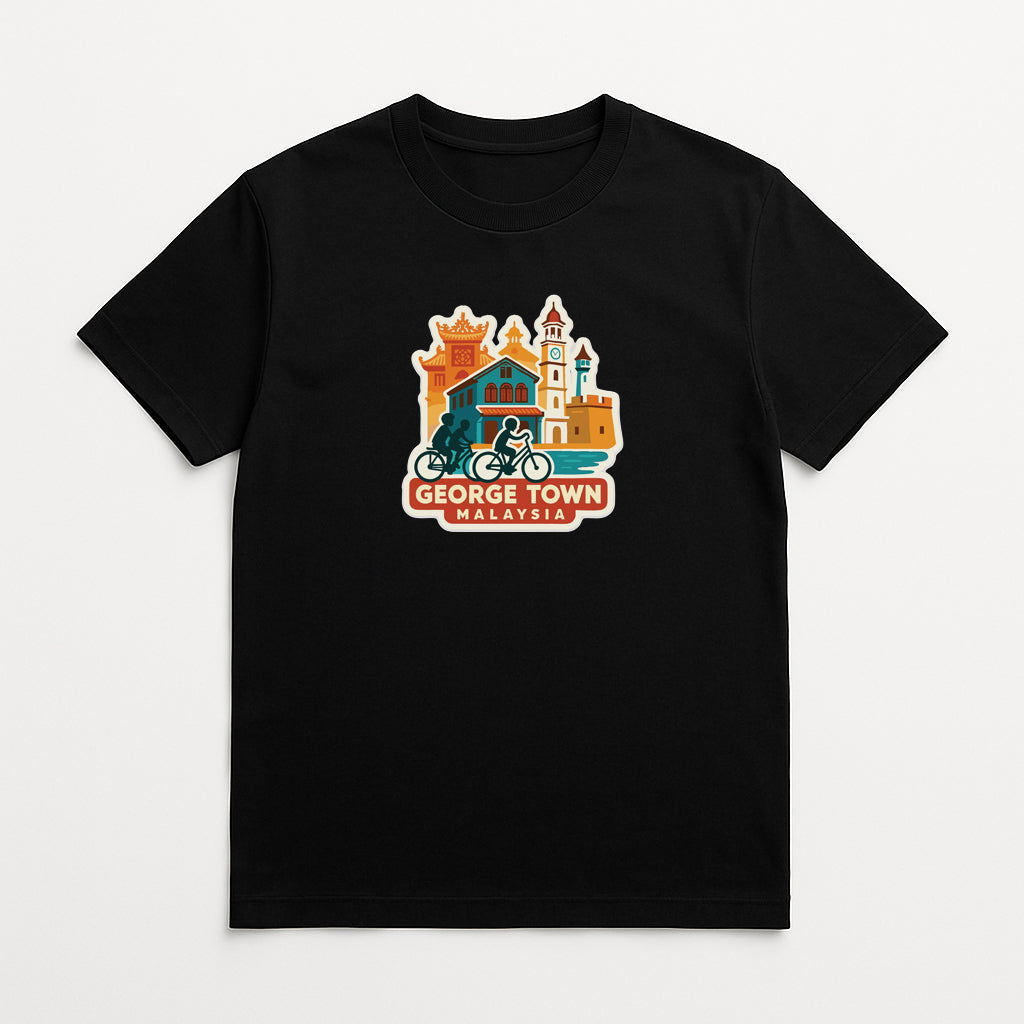 A black t-shirt with a graphic design depicting a city skyline, including a castle, a church, and a palace, along with the text "GEORGE TOWN MALAYSIA".
