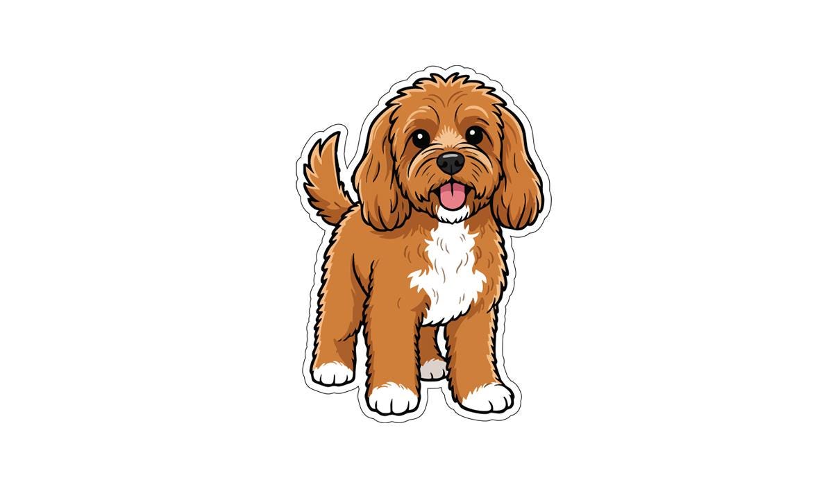 A cartoon illustration of a brown and white dog with a friendly expression.
