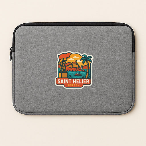 A gray laptop sleeve with a colorful sticker depicting a tropical beach scene and the text "SAINT HELIER" printed on it.