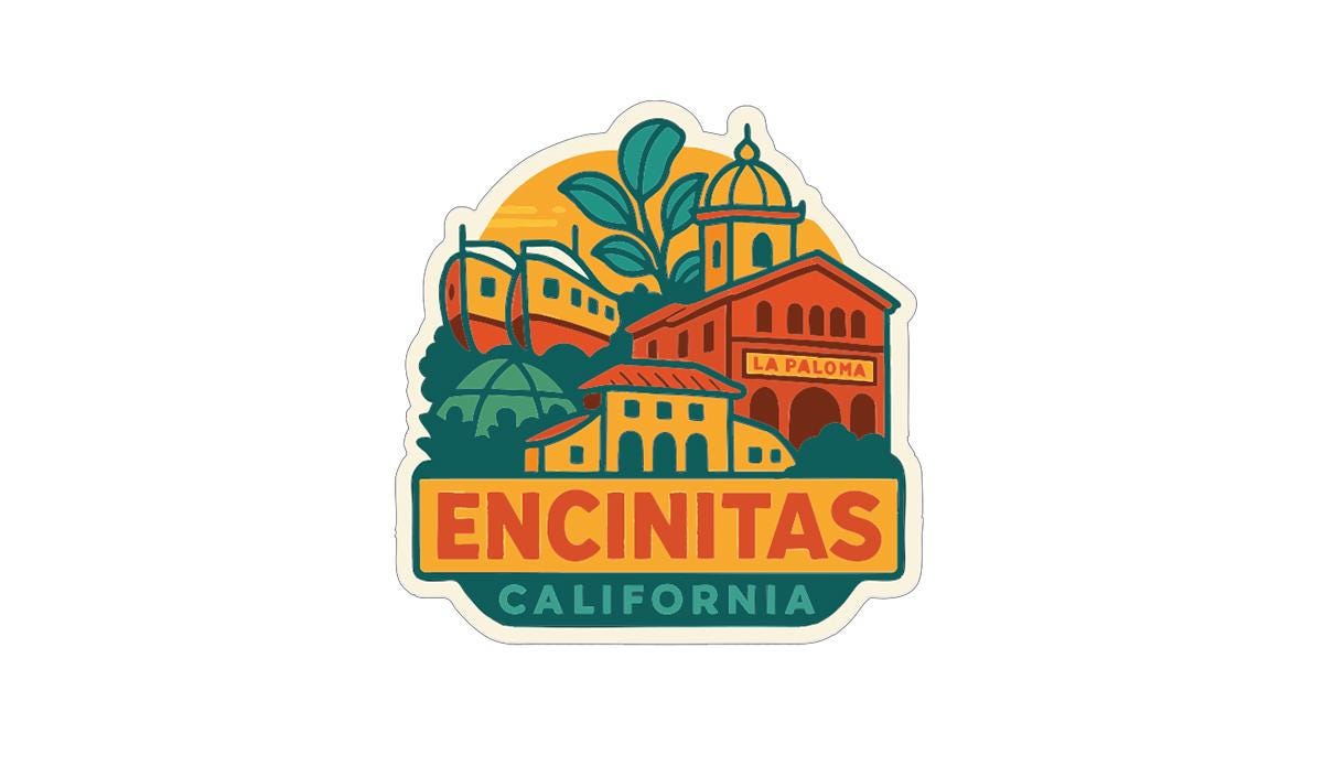 a sticker or emblem with a colorful illustration of a cityscape, including buildings, a dome, and a palm tree. The text "ENCINITAS CALIFORNIA" is prominently displayed in the center of the image.