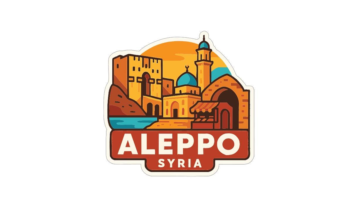 a stylized illustration of the city of Aleppo, Syria, with various landmarks and buildings depicted in a colorful and artistic manner.