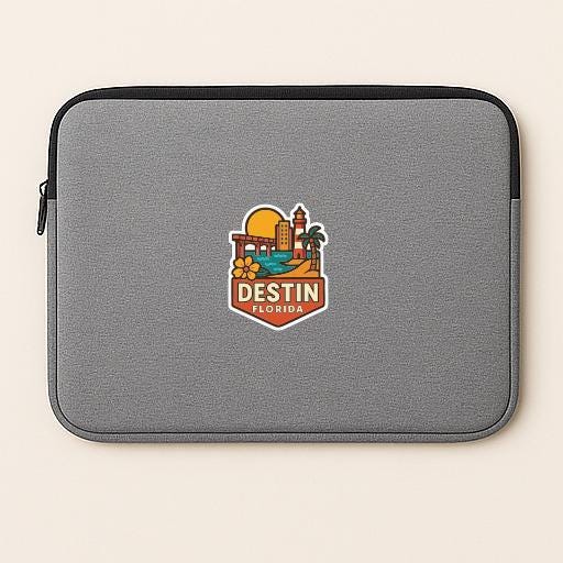 A gray laptop sleeve with a logo of Destin, Florida printed on it.