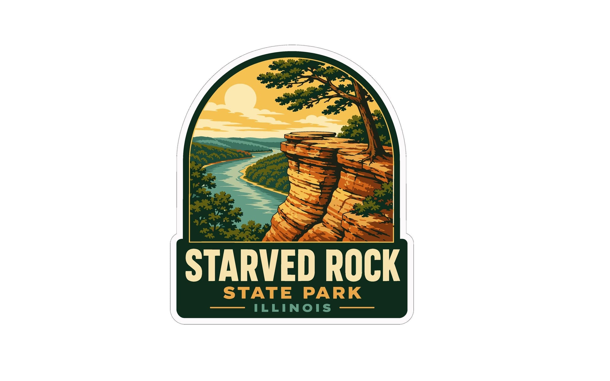 The image is a sticker or label for Starved Rock State Park in Illinois, featuring a scenic landscape with a cliff overlooking a river and a sunset sky.