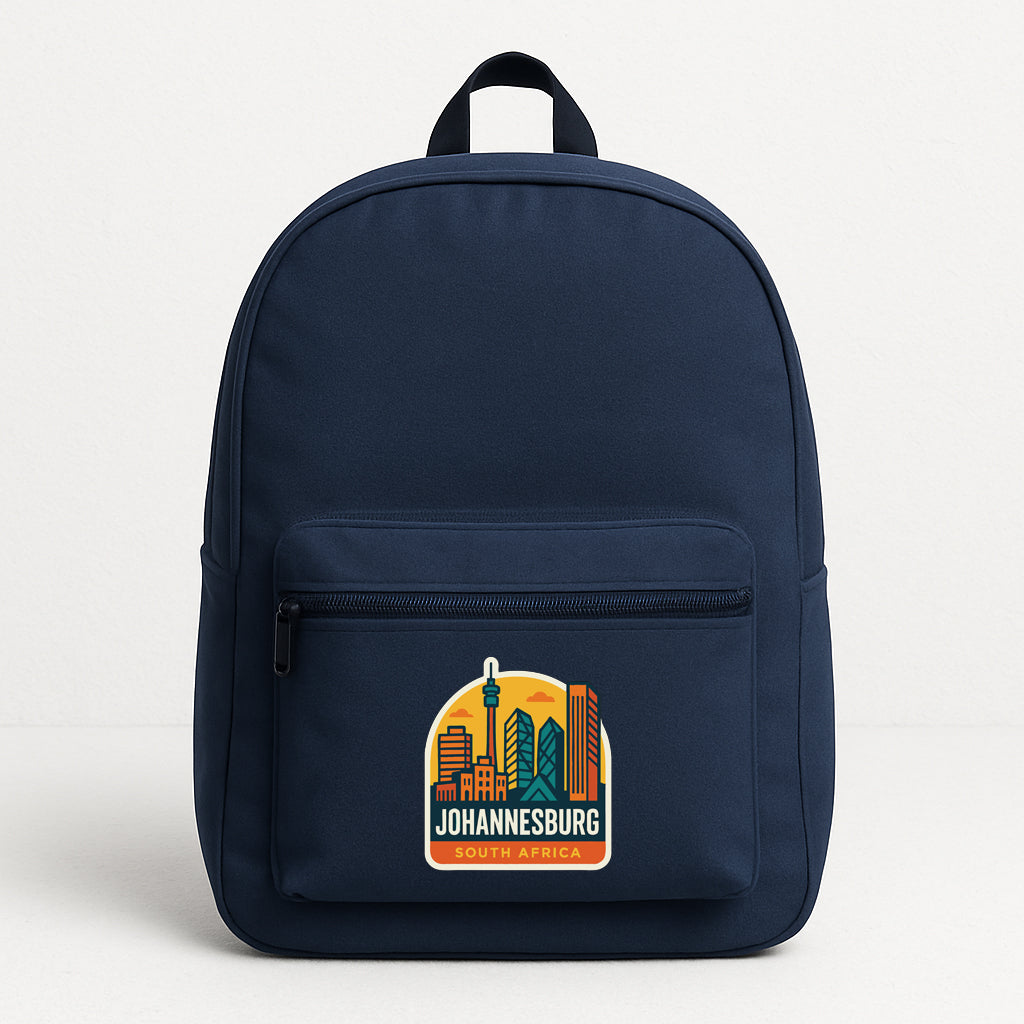 A navy blue backpack with a graphic of Johannesburg, South Africa, on the front pocket.