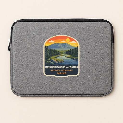 A gray laptop sleeve with a graphic design depicting a scenic landscape featuring a river, mountains, and a sunset.