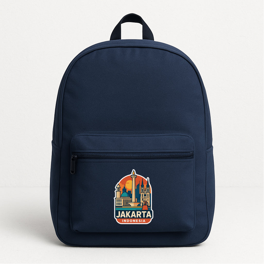A navy blue backpack with a graphic of Jakarta, Indonesia on the front pocket.