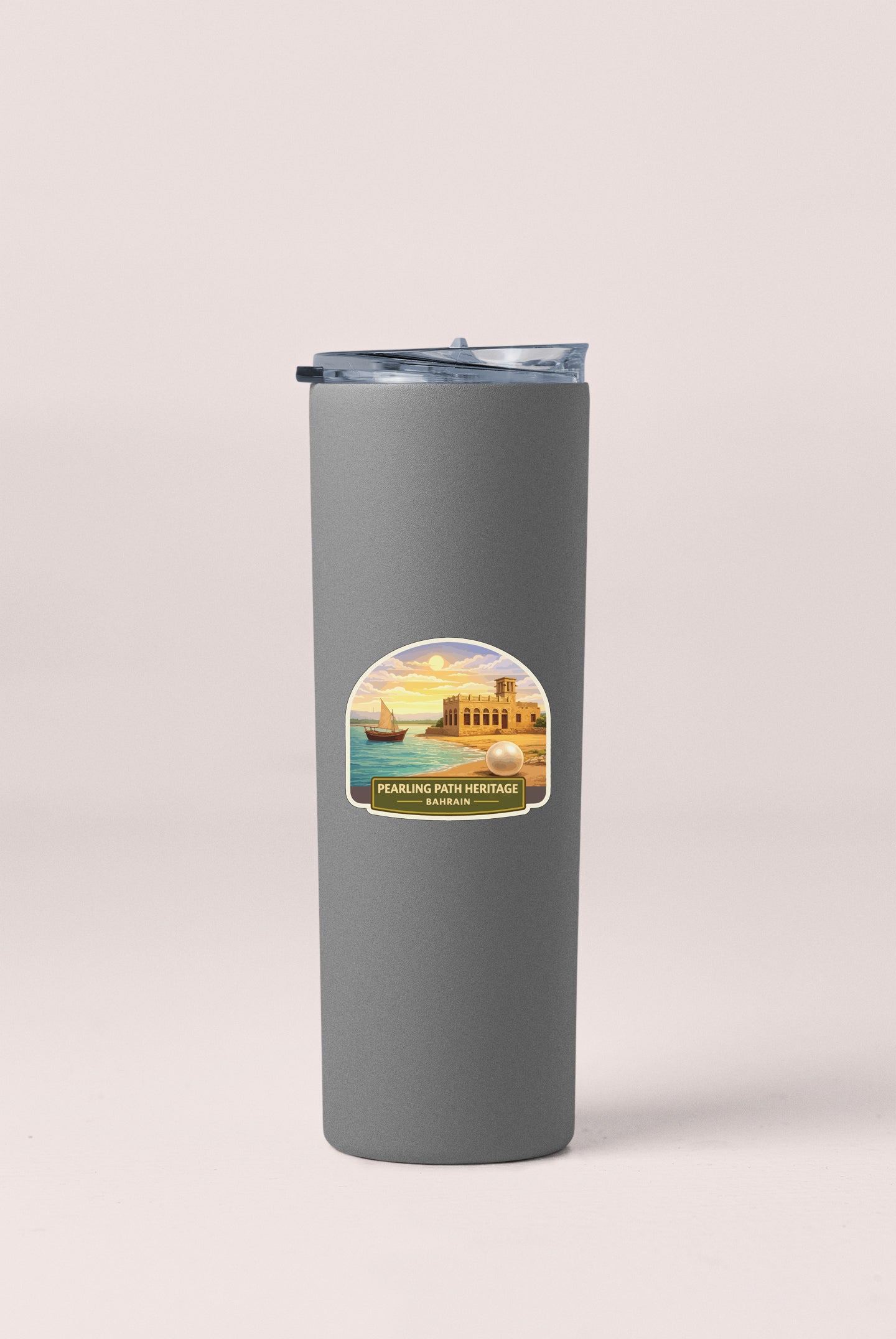 A gray insulated tumbler with a label that says "Pearl Landing Path Heritage Bankstown".