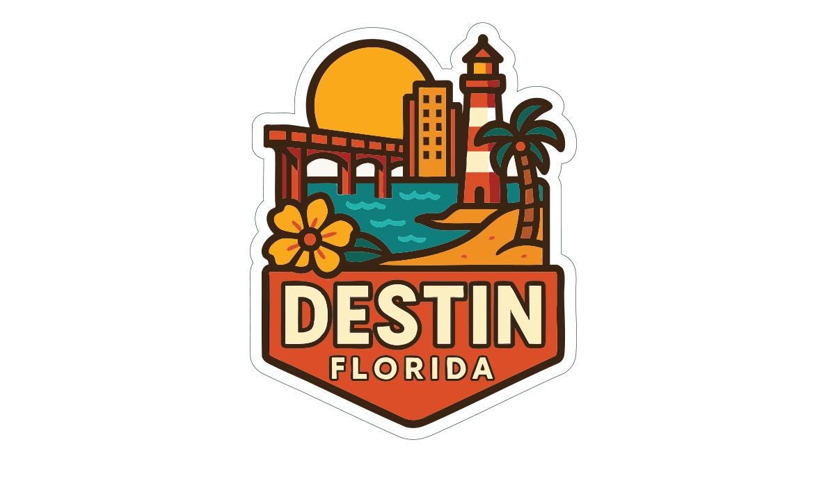 a sticker or emblem with various elements representing the state of Florida, including a lighthouse, a bridge, a palm tree, and a flower.