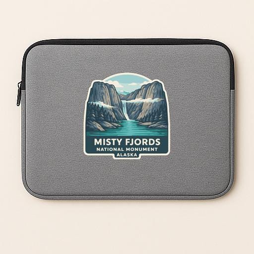 a gray laptop sleeve with a graphic design depicting the misty fjords of Alaska National Monument.