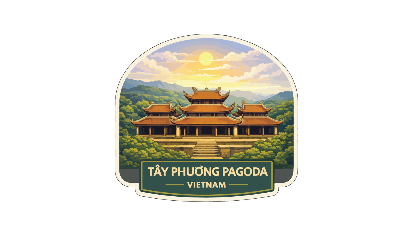 a traditional Vietnamese temple surrounded by lush greenery and mountains, with a bright sun in the sky.