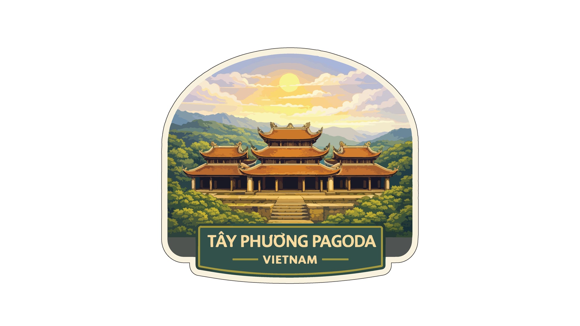 a traditional Vietnamese temple surrounded by lush greenery and mountains, with a bright sun in the sky.