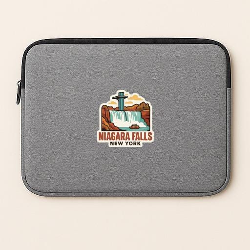 A gray laptop sleeve with a graphic of Niagara Falls and the text " Niagara Falls New York" printed on it.