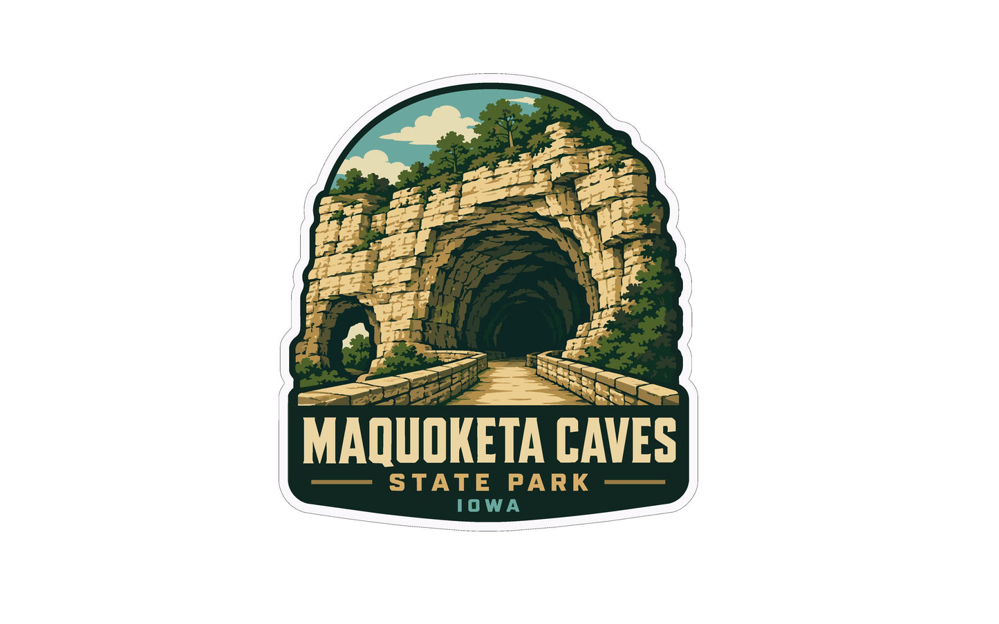 a sticker or label with an illustration of a cave entrance surrounded by trees and vegetation. The text on the sticker reads "Maqueota Caves State Park Iowa".