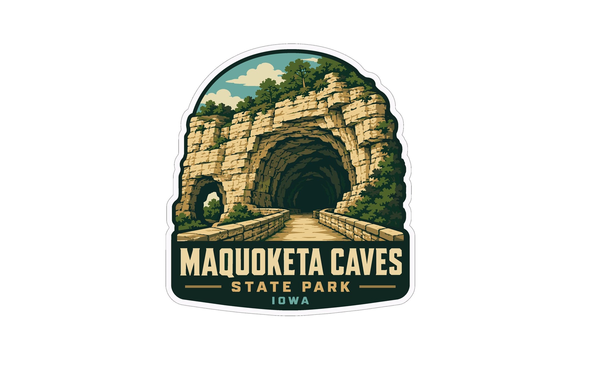 a sticker or label with an illustration of a cave entrance surrounded by trees and vegetation. The text on the sticker reads "Maqueota Caves State Park Iowa".