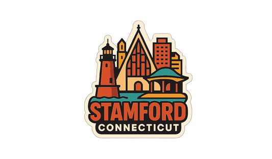 A sticker or logo depicting the city of Stamford, Connecticut, with a lighthouse, buildings, and a park.