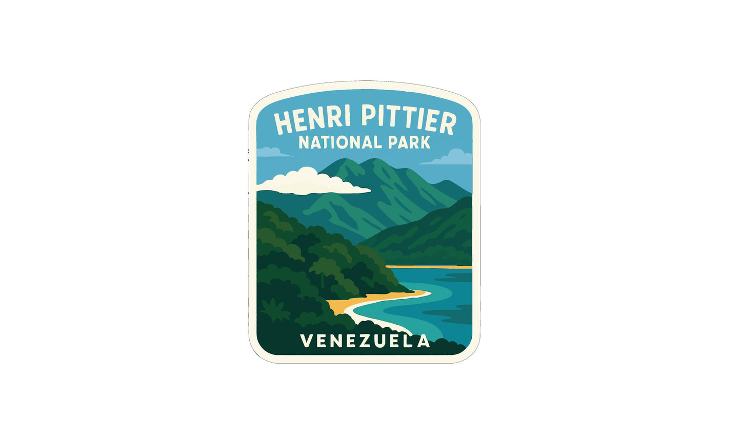 a sticker or emblem with a scenic landscape of mountains, a river, and a beach. The text "HENRI PITTIER NATIONAL PARK VENEZUELA" is prominently displayed, indicating the location of the landmark.
