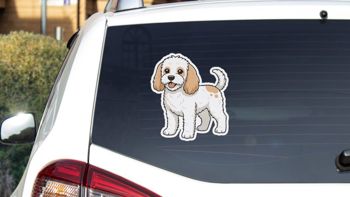 a cartoon illustration of a dog on the rear window of a car.