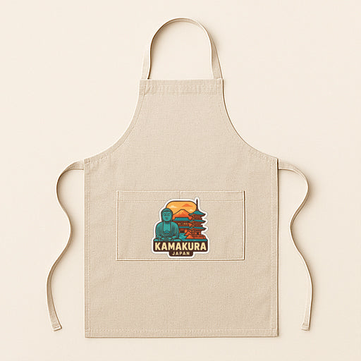 A beige apricot with a graphic design featuring a temple, Buddha statue, and sunset.