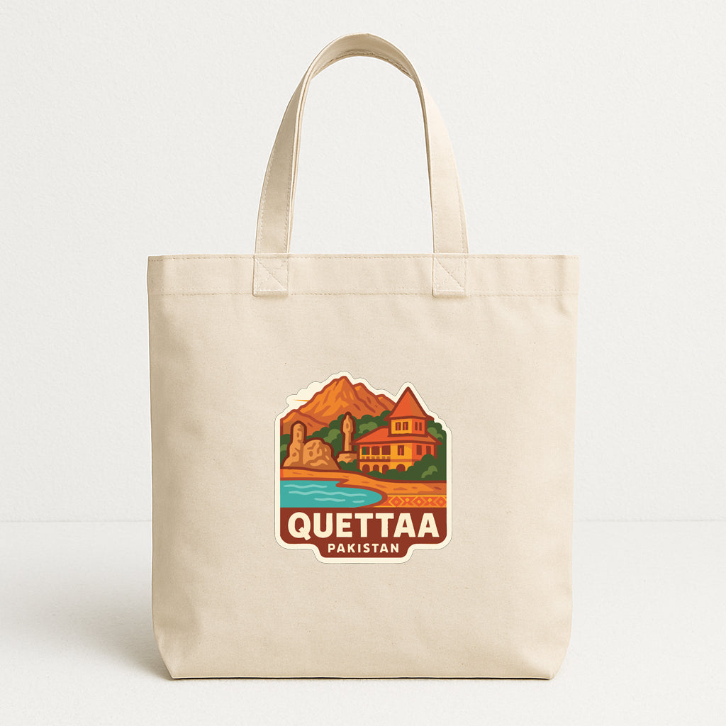 A beige tote bag with a printed design depicting a scenic landscape with mountains, buildings, and a body of water.