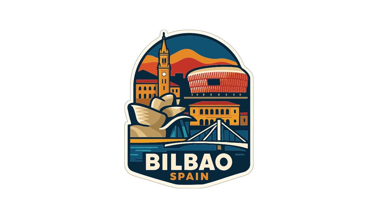 a sticker or emblem with various landmarks and buildings, including a clock tower, a bridge, and a stadium, all set against a colorful background. The text "BILBAO SPAIN" is prominently displayed, indicating the location of the image.
