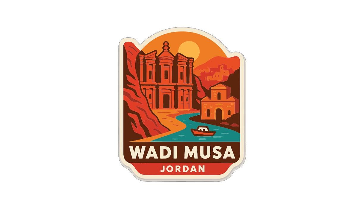 a stylized illustration of a building, a boat, and a river, with the text "Wadi Musa Jordan" prominently displayed.