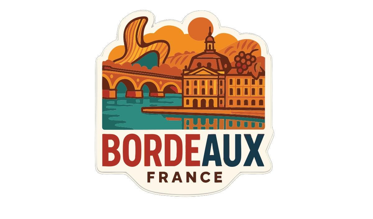 a sticker or emblem with a stylized illustration of a cityscape, including a bridge, buildings, and a body of water. The text "BORDEAUX FRANCE" is prominently displayed, indicating the location or country of the image.