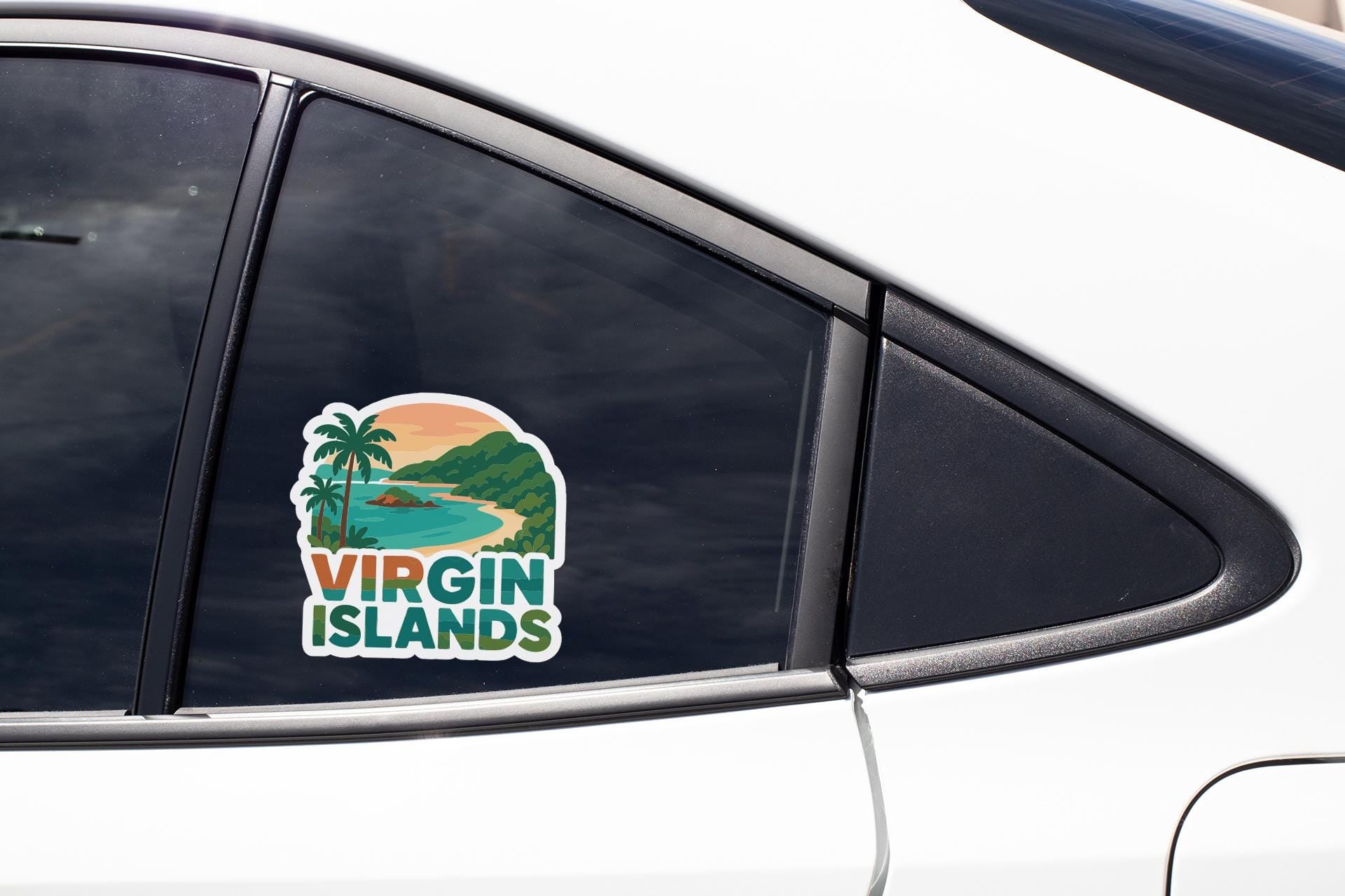 A sticker on the side of a car window that says "Virgin Islands".