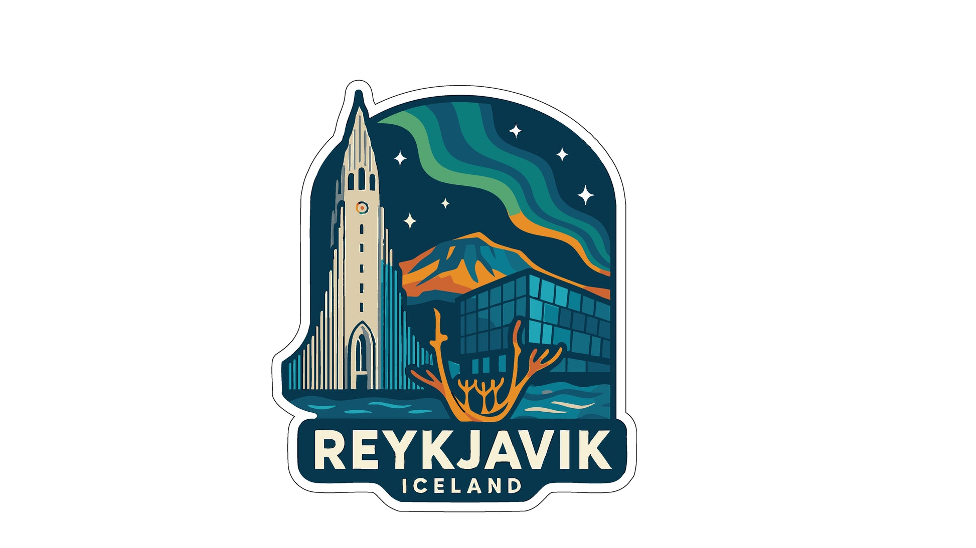 The image is a sticker or emblem featuring the Reykjavik, Iceland, with a tall tower, mountains, and a colorful night sky.