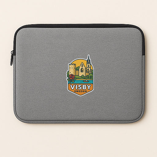 A gray laptop sleeve with a logo of a city, specifically Viseb, which is a landmark in Sweden.