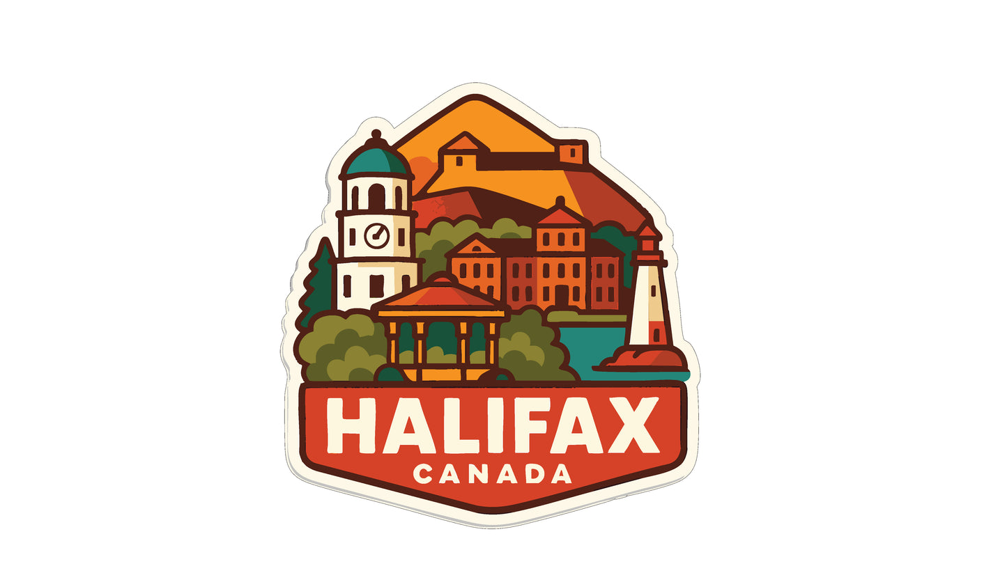 A sticker or emblem featuring the city of Halifax, Canada, with various landmarks and buildings depicted in a stylized manner.